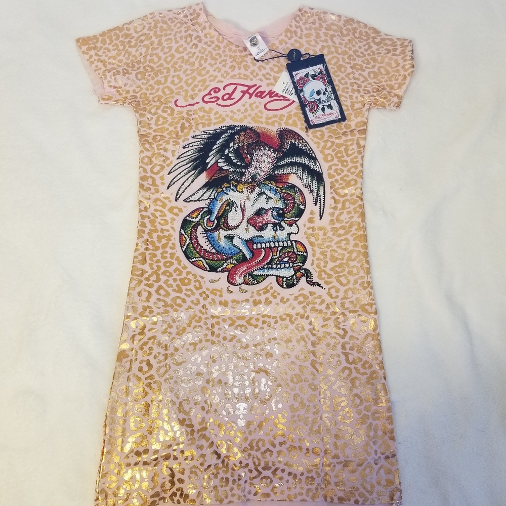 Ed Hardy Rhinestone Cheetah & Boa Tshirt Dress